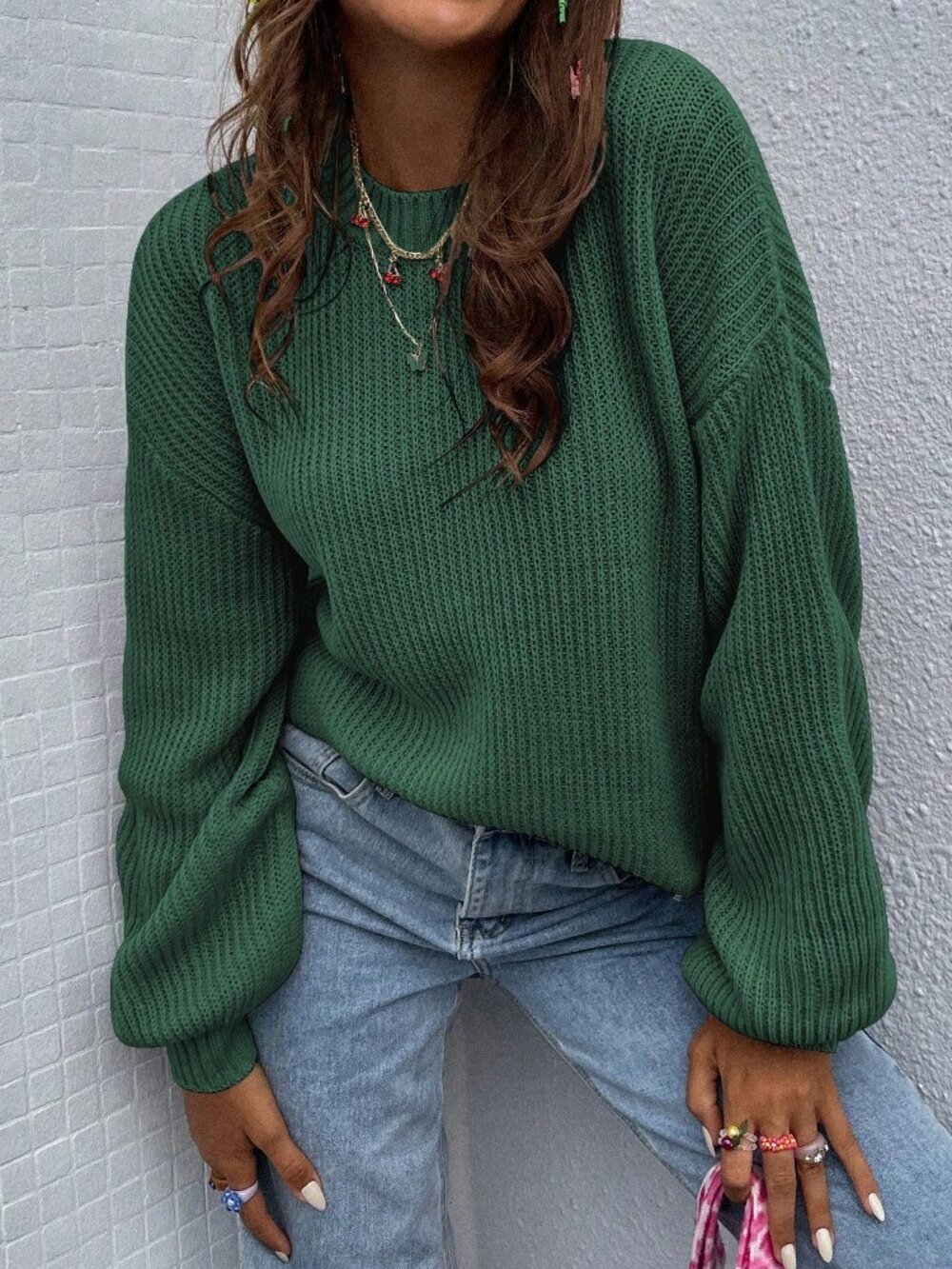 Green Casual Women's Crew Neck Long Sleeve Pullover Sweater